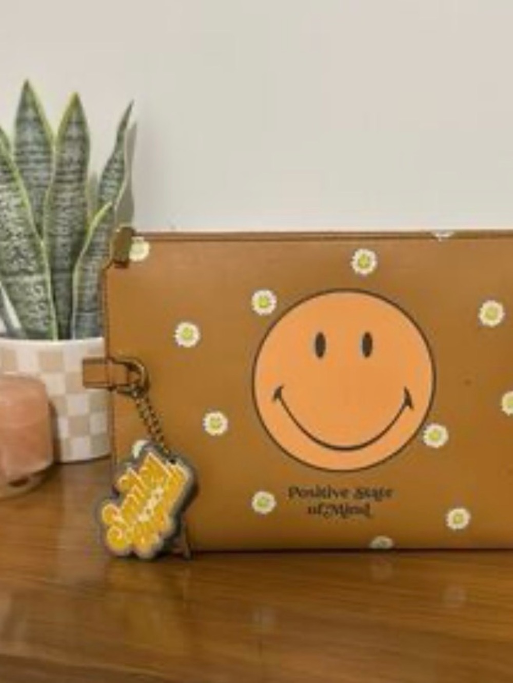 Fossil Brown & Orange Smiley Wristlet Clutch